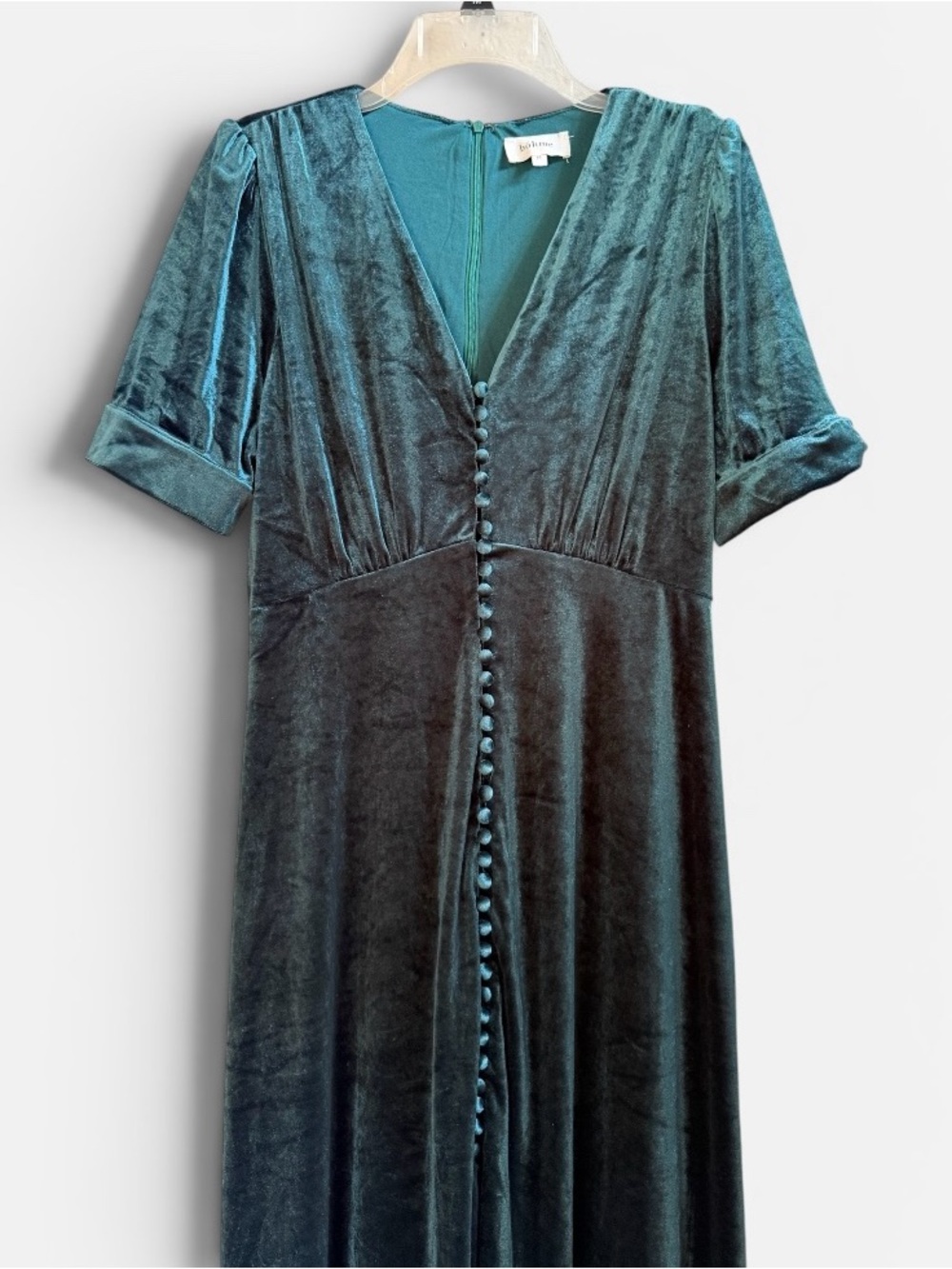 Bohme green vneck velvet button up midi dress - Picture 2 of 6